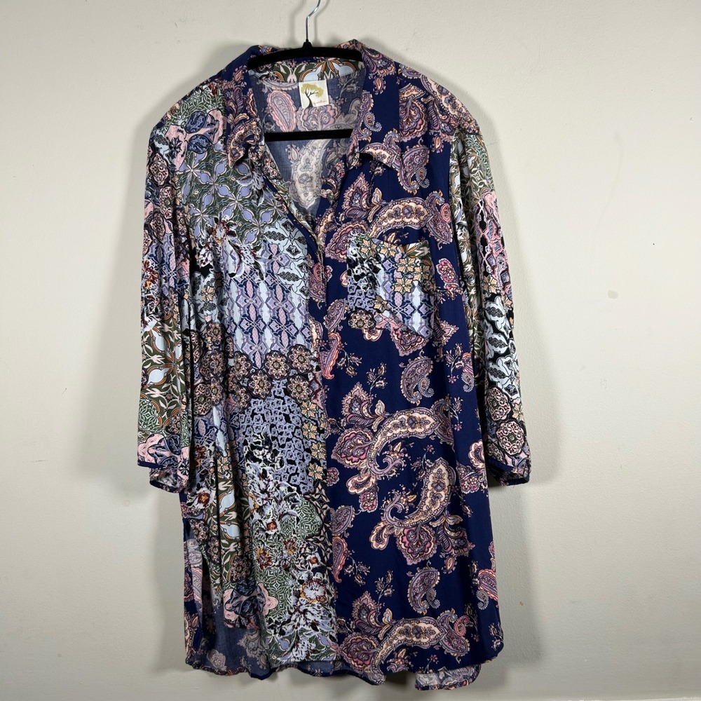 Fig and Flower Button Up Tunic Women L Navy Pink Paisley Patchwork Boho Top